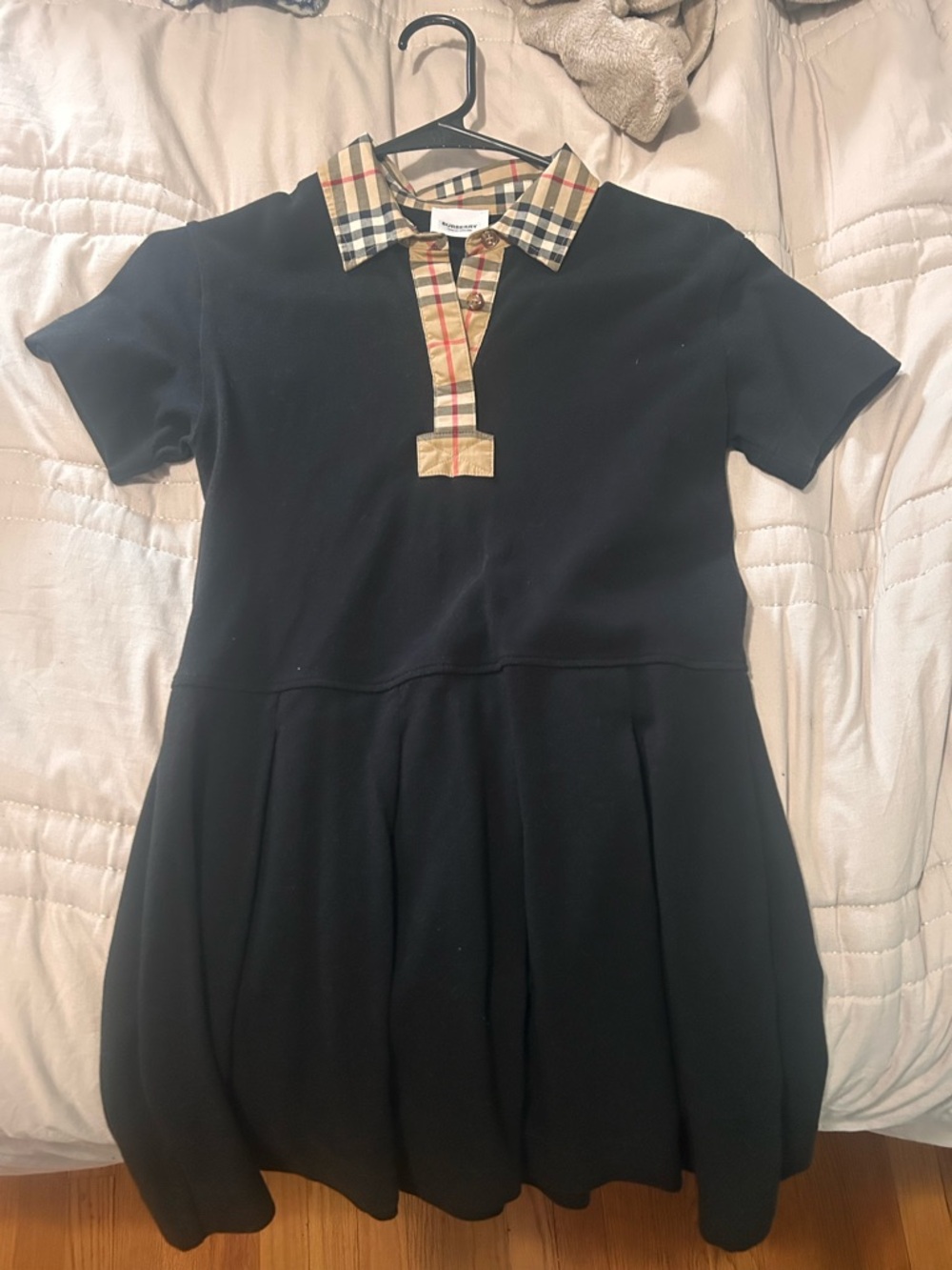Black Polo-Style Burberry Dress with Beige Plaid Collar